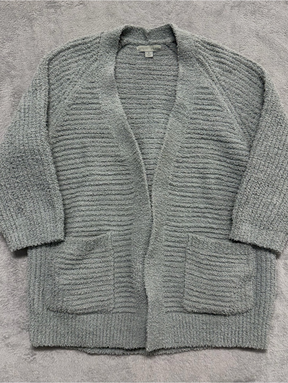 Barefoot Dreams Cozychic Knit Greenish Gray Cardigan Open Front Pockets Womens M
